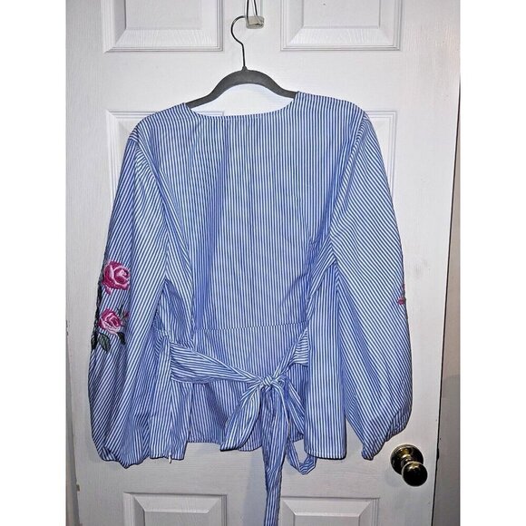 I.N.C. Blue Thin Stripes Embroidered Sleeves Belted Side Zipper Blouse Sz XL - Picture 11 of 14
